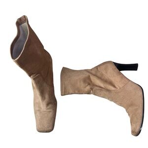 Vtg Square Toe Ankle Boots Sz 7.5 Tan Faux Suede 2000s Phoebe Y2K Karen Scott